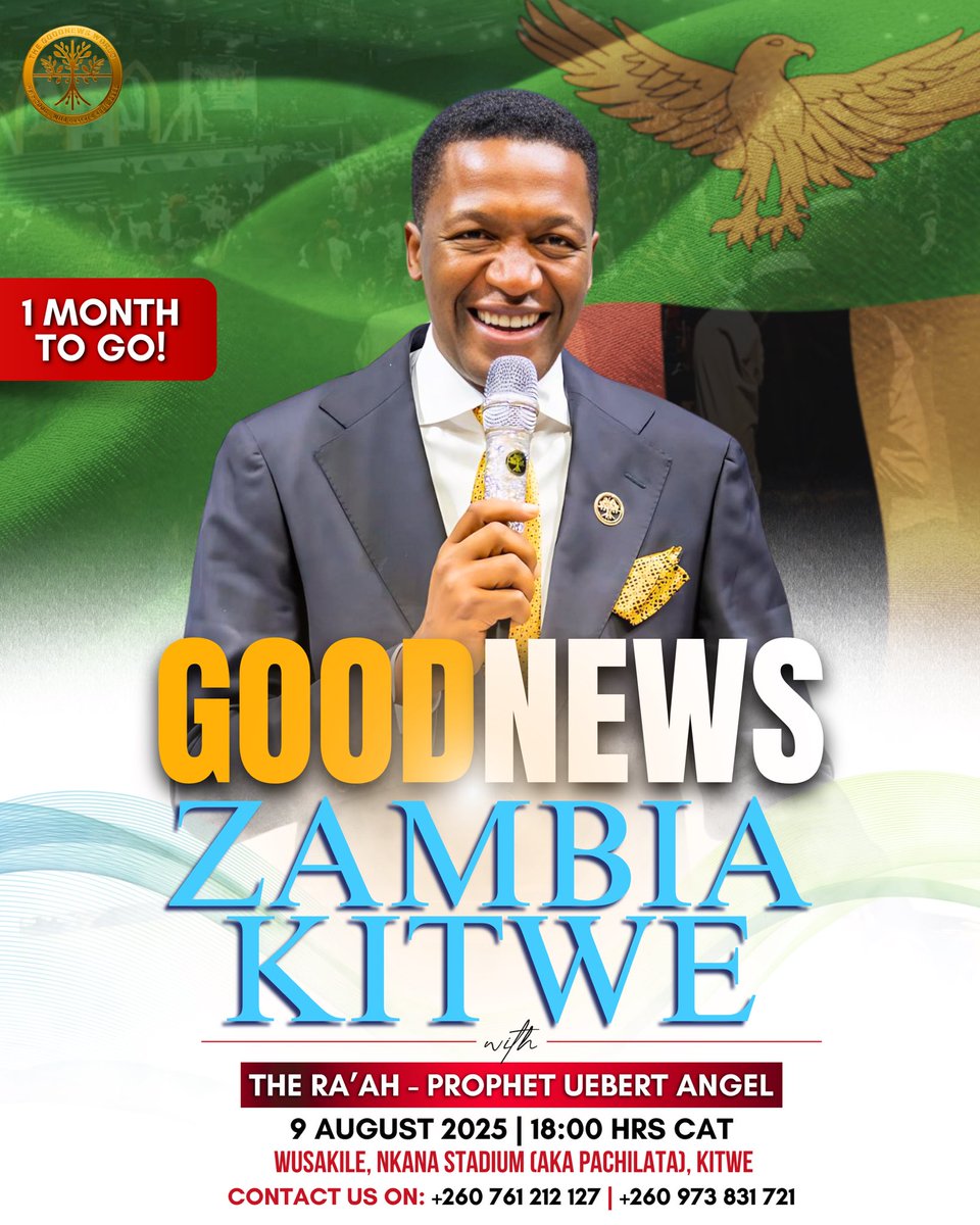 Only 1 month to go until GOODNEWS ZAMBIA with the Ra’ah.

Destinies will be transformed, lives will be changed, Jesus will heal many, His name will be exalted.

Wherever you are around the world too, join us in Zambia for a crusade like none other.

9th August. 🇿🇲

#Zambia #Kitwe