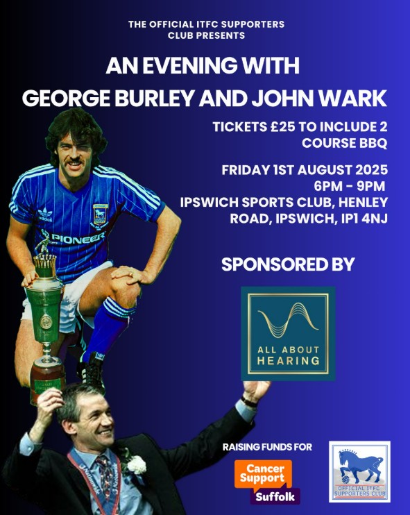 We are really pleased to be sponsoring 'An Evening with George Burley &amp; John Wark', two absolute legends of the game and proper Ipswich icons 📷📷

If you’re heading along, we’ll see you there! Visit the #ITFC Supporters Club Facebook page for ticket info.