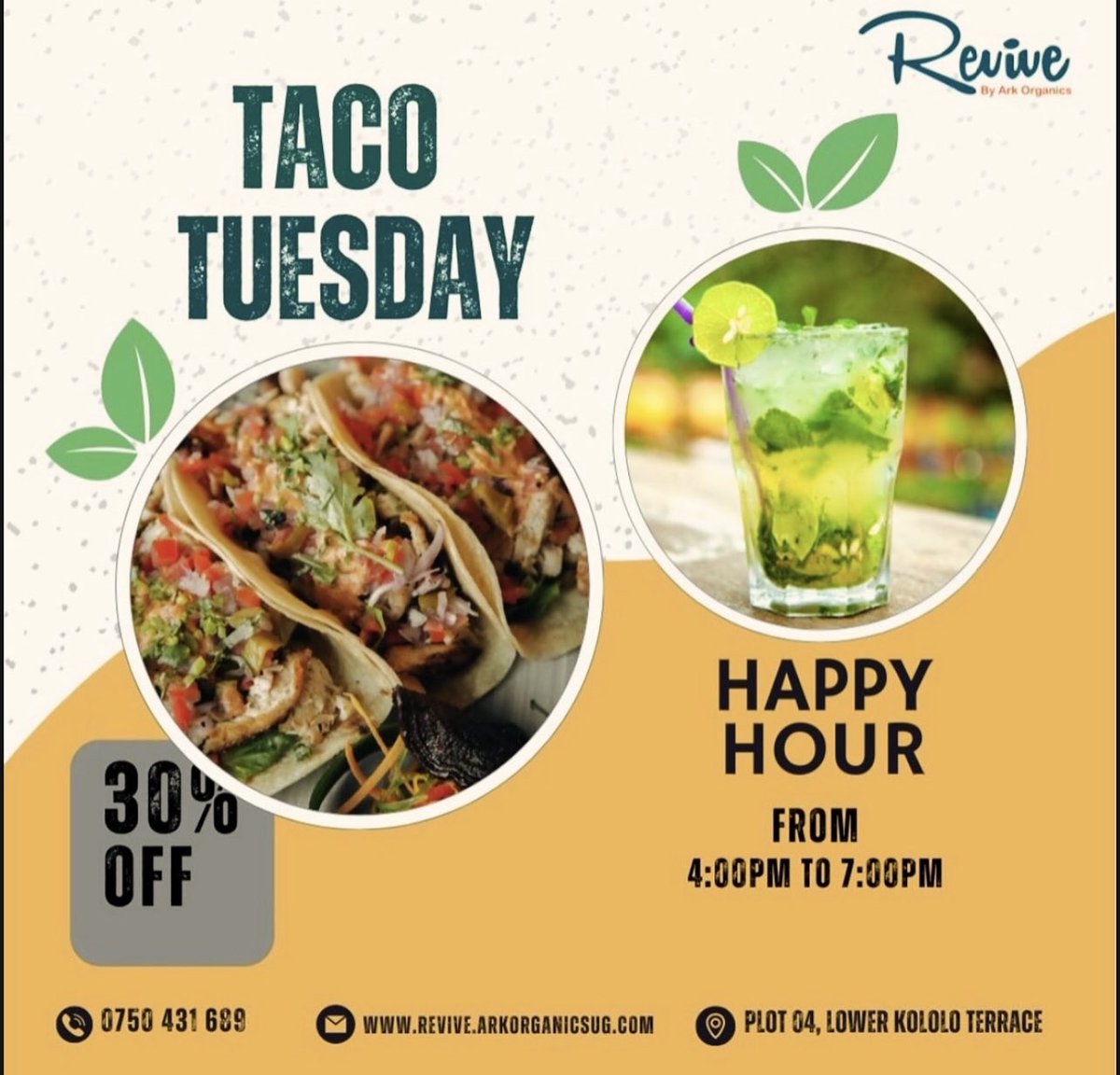Tuesdays at Revive come with a twist of flavor and a touch of spice.
Enjoy 30% OFF tacos all day — made fresh, served right.
Dine in or order out.
📍 Plot 4, Lower Kololo Terrace | 📞 0750431689