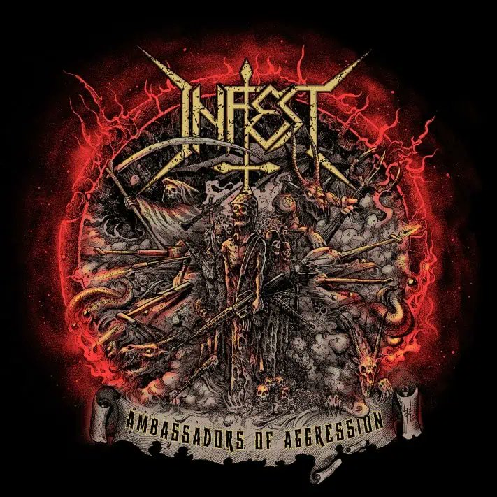 KMANRIFFSMetal's tweet photo. 2⃣0⃣2⃣5⃣: THE UPCOMING TERROR ⚔️
➡️September 26th, 2025⬅️

INFEST - Ambassadors of Aggression 🇷🇸💠

7th album from Jagodina, Pomoravlje, Serbian Death/Thrash Metal outfit💠

YT➡️https://t.co/Q8QrBgO96H 💠

#Infest #Abassadors #DeathThrash #ViolentCreek #TheUpcomingTerror25 #KMäN https://t.co/aWIrl3YX2Q