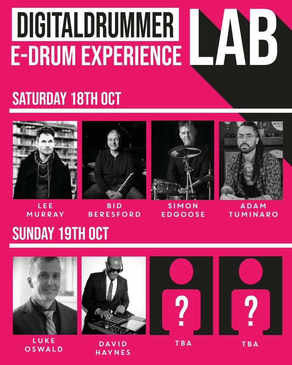 The lineup for the digitalDrummer E-Drum Experience Lab is almost complete! 🥁

Have you purchased your UKDS tickets yet? 

theukdrumshow.com

#Lineup #digitalDrummer #EDrum #Experience #Lab #Purchase #UKDS #Tickets #TheUKDrumShow #LeeMurray #BiDBeresford #SimonEdgoose