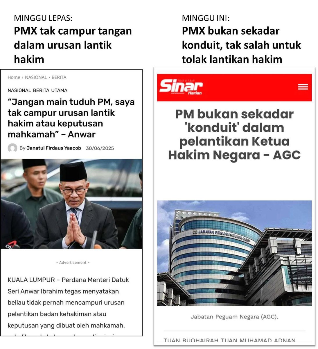Minggu lepas: “Saya tak campur lantikan hakim.”
Minggu ini: “PM bukan sekadar conduit, boleh tolak lantikan.”

PM ada kes saman sivil, mohon imuniti, tapi nak tentukan Ketua Hakim Negara?
Konflik kepentingan dah terang lagi bersuluh.