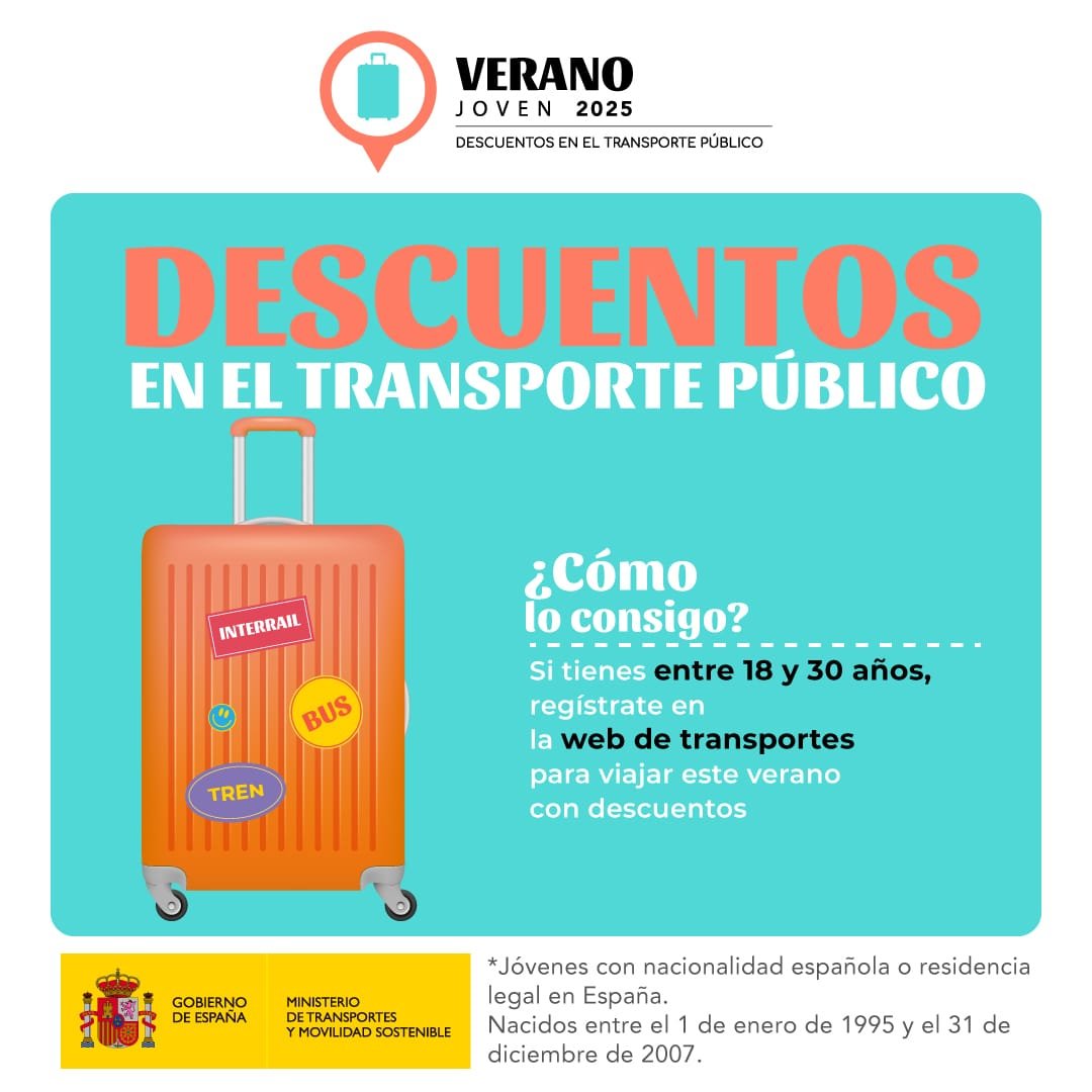 DelegGobGAL's tweet photo. 🏖️Volve o programa #VeranoJoven!

✅Para mozos españois ou con residencia legal en España de entre 1⃣8⃣ e 3⃣0⃣ anos.

🚍Ata o 90% de desconto para viaxes en autobús e tren.🚆

📅Desde o 1⃣ de #xullo ao 3⃣0⃣ de #setembro. https://t.co/MVQfhVNgCj