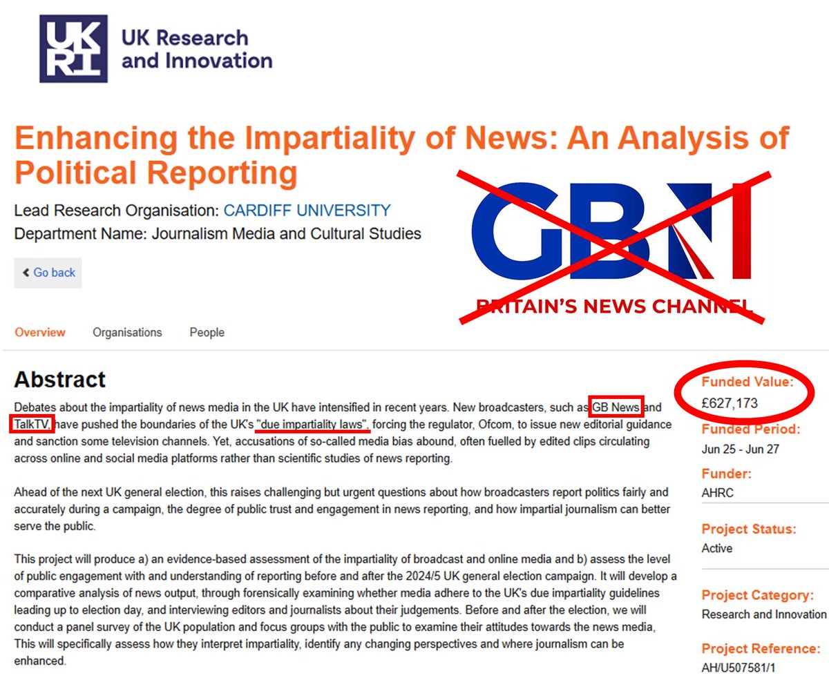 Waste Watch Wales 🏴 (@wastewatchwales) on Twitter photo 🚨BREAKING: UK Labour Government funding *£627,000* research project attacking <a href="/GBNEWS/">GB News</a>.
The new UKRI-funded Cardiff University project, ironically entitled “Enhancing the Impartiality of News”, takes place over the next two years.
The far-left have infested our Universities. 🚨BREAKING: UK Labour Government funding *£627,000* research project attacking <a href="/GBNEWS/">GB News</a>.
The new UKRI-funded Cardiff University project, ironically entitled “Enhancing the Impartiality of News”, takes place over the next two years.
The far-left have infested our Universities.