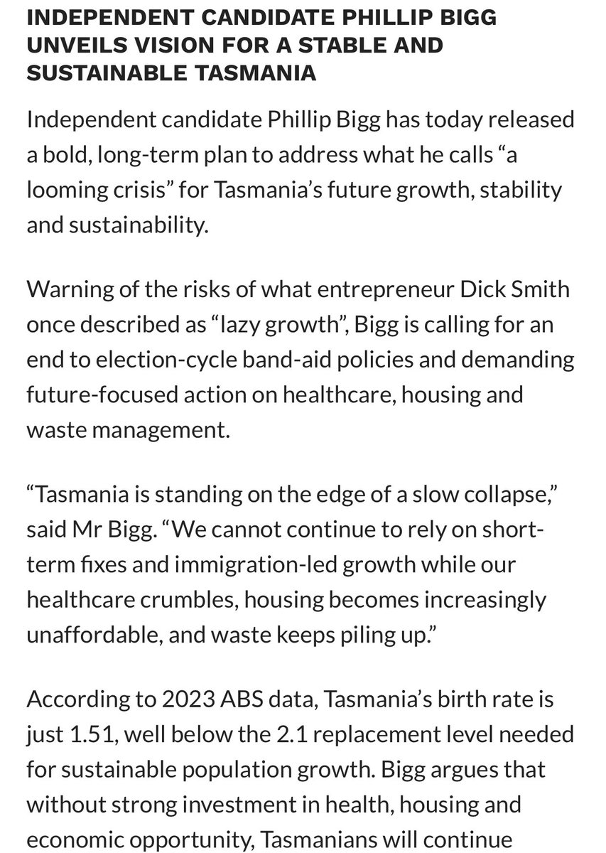 PhillipBiggInd's tweet photo. My plans to build a sustainable Tasmania for the future generations as released on @TasmanianTimes #politas #taspol #auspol #auspol25 #ThinkBigg https://t.co/gQfIeuuBYA