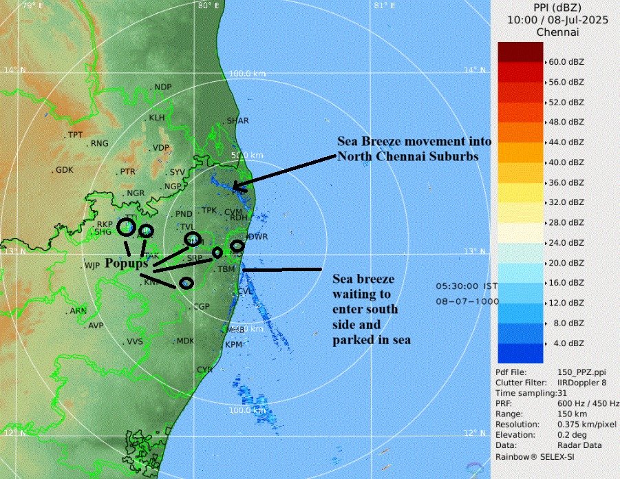 Sudden showers possible in Chennai today
-------------------
Sizzling day in Chennai due to strong offshore winds not allowing the sea breeze to move into the city. Yesterday night at 8 pm the Temp was 35 C shows there was no sea breeze movement into the city.

Today the Sea
