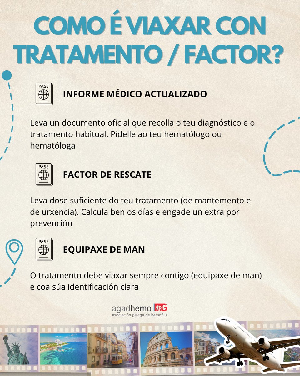 ✈️ Viaxar con #coagulopatias é posible se te preparas ben. Unha boa planificación fai a diferenza.
👉🏼Neste post atoparás consellos prácticos para Viaxar con tranquilidade, seguridade e autonomía
#agadhemo #coagulopatias #hemofilia #EvW