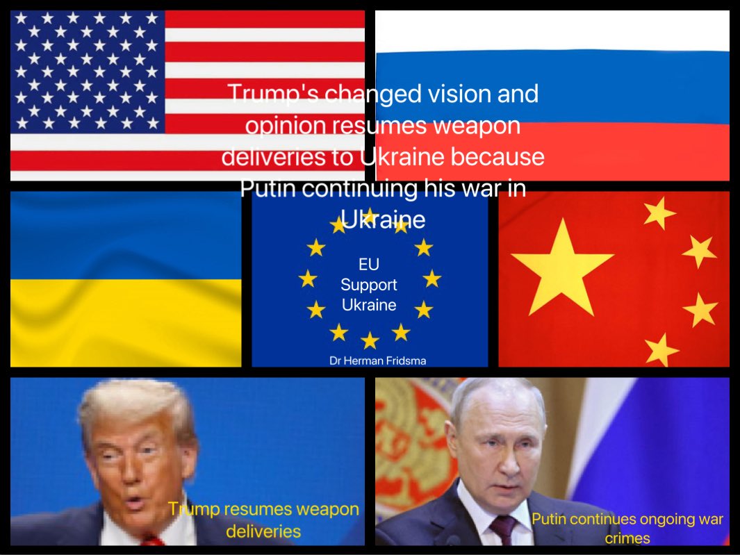 DrFridsma's tweet photo. The Ukrainian playfield of #Trump & #Putin, the West, #Russia and #China a brief #geopolitical_threat reflection:

Trump's changed insight regarding Putin's attitude:
Trump, after last week stop, now resumes weapon deliveries (especially #defence_weapons) to #Ukraine. An earlier phone call between Trump and Putin made clear Putin is unwilling to change its attitude towards Ukraine. Putin continues am mass #drone and #missile attacks at mainly civilian targets which are ongoing acts of #war_crimes. 

Trump is aware Ukraine needs to be capable to defend itself against #Russian_military_aggression attacks and he's aware Putin is unwilling to really cooperate towards peace because of Russia's military advantage and present strength position in Ukraine. 

Putin is a manipulative #psychopath with an egocentric #narcissistic_personality and #compulsive_obsessions. Putin is compulsively obsessed and fixated by power & control. Putin is a #ICC wanted #war_criminal who thinks he's untouchable for international claims of #justice and does not fear to violate #human_rights, rules of democracy, #international_law and fair play. Putin is obsessed by Ukraine because of feared influence and power of the #EU and the West. Putin feels strong in Ukraine because of his close ties and agreements with #China and #Xi_Jinpin. 

China's support of Russia makes it possible Russia can continue its ongoing war in Ukraine. China's constant national and industrial need of #fossil_fuels majors import of fossil fuels from Russia. #China and #Russia have a dependency relationship towards each other which is beneficial to both nations. The #EU, #US and allies must look close at legitimacy characteristics of the Russian #Chinese relationship because of the Russia #sanctions and possible violations. 

#China is actively expanding its economic influence at global scale while simultaneously building its #military_capacity and upgrading its national and technological development. China has two faces regarding Ukraine because it respects Ukrainian #sovereignty but it doesn't condemn Russia's illegal invasion of #Ukraine and the ongoing war and committed war crimes by Russia which stands next to fact of China's close economic and military supportive ties with Russia. China's military ties with Russia can be a future double threat for the West. 

As long as Putin feels strong support of China and Xi Jinpin and also from his #North_Korean's friend/dictator #Kim_Jong_un and #Iran, he continues to dictate the ongoing war in Ukraine no matter #Zelenskyy’s and #Trump's will to negotiate for peace. This states fact Putin thinks he's in charge and with a winning hand in Ukraine while strength by support of #North_Korea, Iran and China.

#Russian_economy is extremely vulnerable and weak. #US, #EU and allies can squeeze Russian economy by extra tougher #sanctions next to upgrading Ukrainian support to force Putin to negotiate or to turn the table so serious negotiations become truly possible. Russia may never win war in Ukraine because that will be a blow for #Western_democracy, freedom and #human_rights.