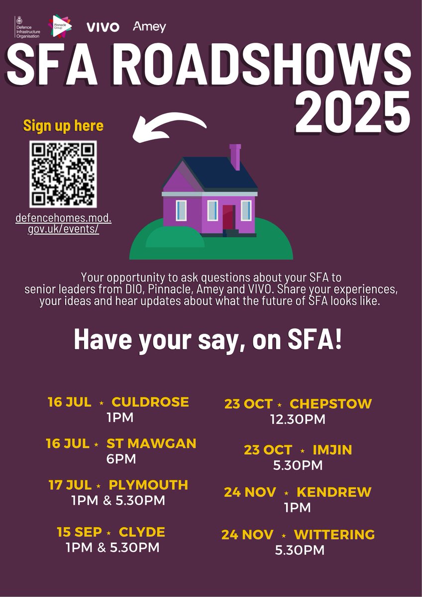 VIVODefence's tweet image. If you live in Service Family Accommodation (SFA) in Devon or Cornwall then why not go along to next week&apos;s SFA roadshows, which are happening at RNAS Culdrose and RAF ST Mawgan on 16th July and at Plymouth on 17th July?

There, you will be able to meet with senor leaders from…