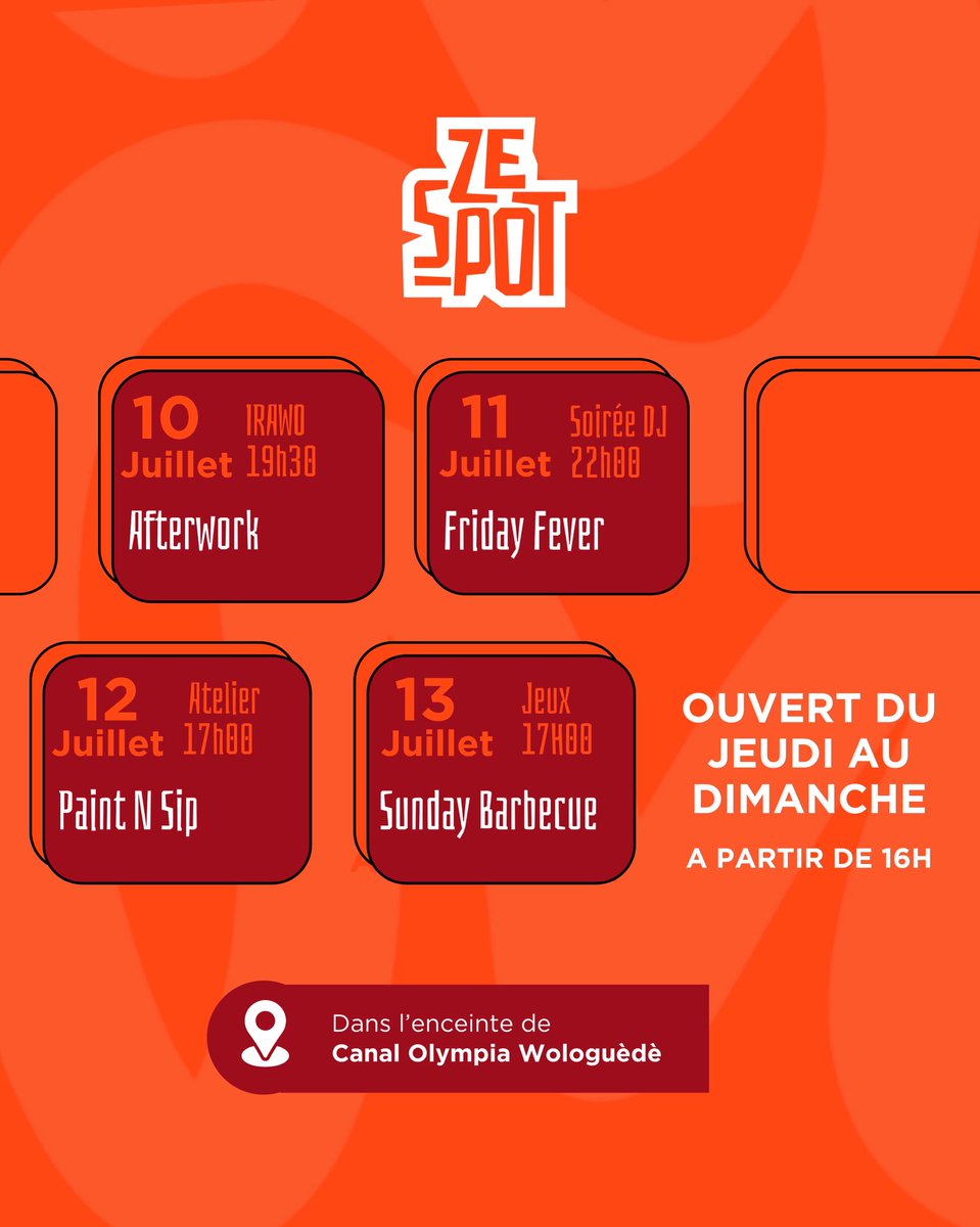 #Agenda | Encore un programme exceptionnel cette semaine à Ze Spot 🔥

#Team229
#ZeSpot