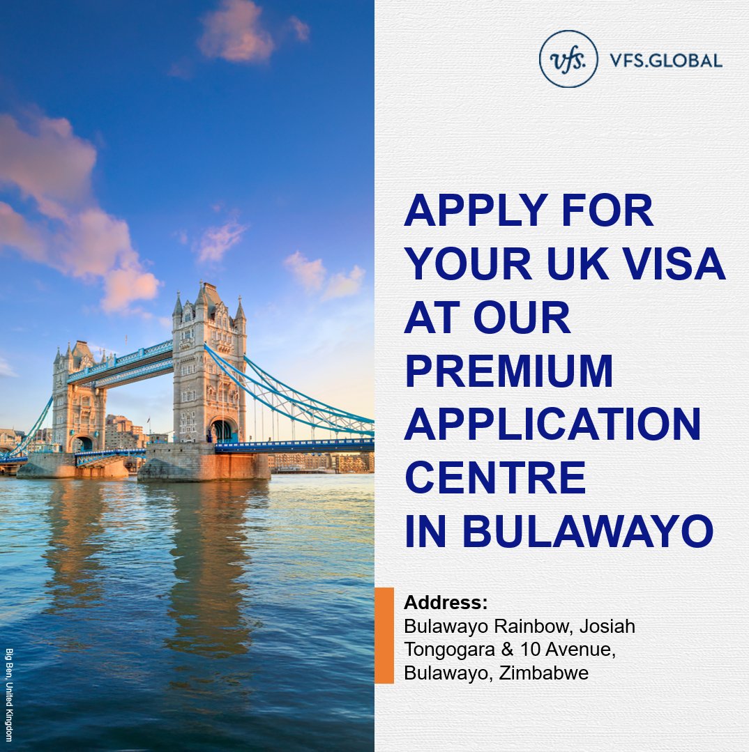 VFS Global (@vfsglobal) on Twitter photo Residents of Bulawayo, Zimbabwe, can now enjoy a smooth UK visa process from the comfort of our Premium Application Centre at the Bulawayo Rainbow.
Address: Bulawayo Rainbow, Josiah Tongogara & 10 Avenue, Bulawayo, Zimbabwe
Location pin: bit.ly/404PiNM
Timings: 9 AM to Residents of Bulawayo, Zimbabwe, can now enjoy a smooth UK visa process from the comfort of our Premium Application Centre at the Bulawayo Rainbow.
Address: Bulawayo Rainbow, Josiah Tongogara & 10 Avenue, Bulawayo, Zimbabwe
Location pin: bit.ly/404PiNM
Timings: 9 AM to