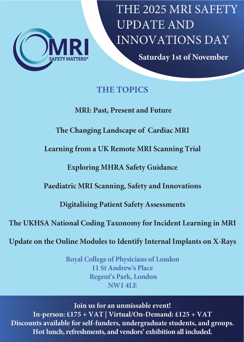 Book your place for the MRI Safety Update &amp; Innovations Day 2025.

Attend in person, virtually, or on-demand!

🗓️ 1 Nov 2025
📍 London
🎫 £100-£175

Register today!  👉  mrisafetymatters.co.uk/mri-safety-upd…