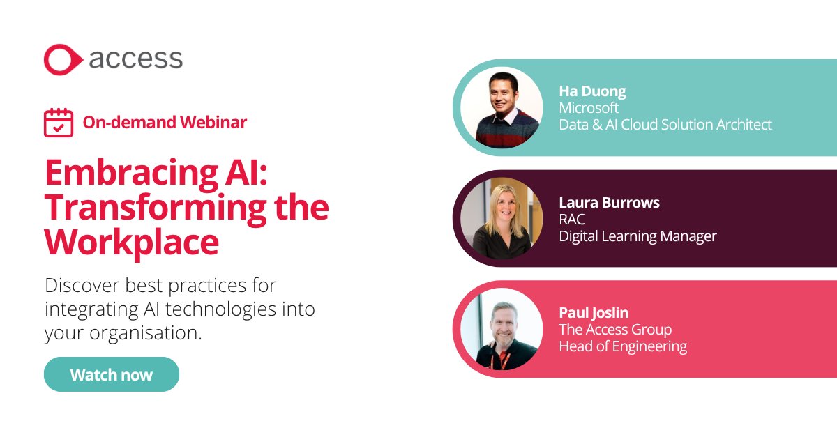 Explore how #AI is transforming business strategies and redefining work processes. Join Ha Duong, Microsoft, Laura Burrows, RAC, and Paul Joslin, Access as they discuss best practices for AI integration: ow.ly/Taom50WlrYw  

#AccessEvo #FreedomToDoMore