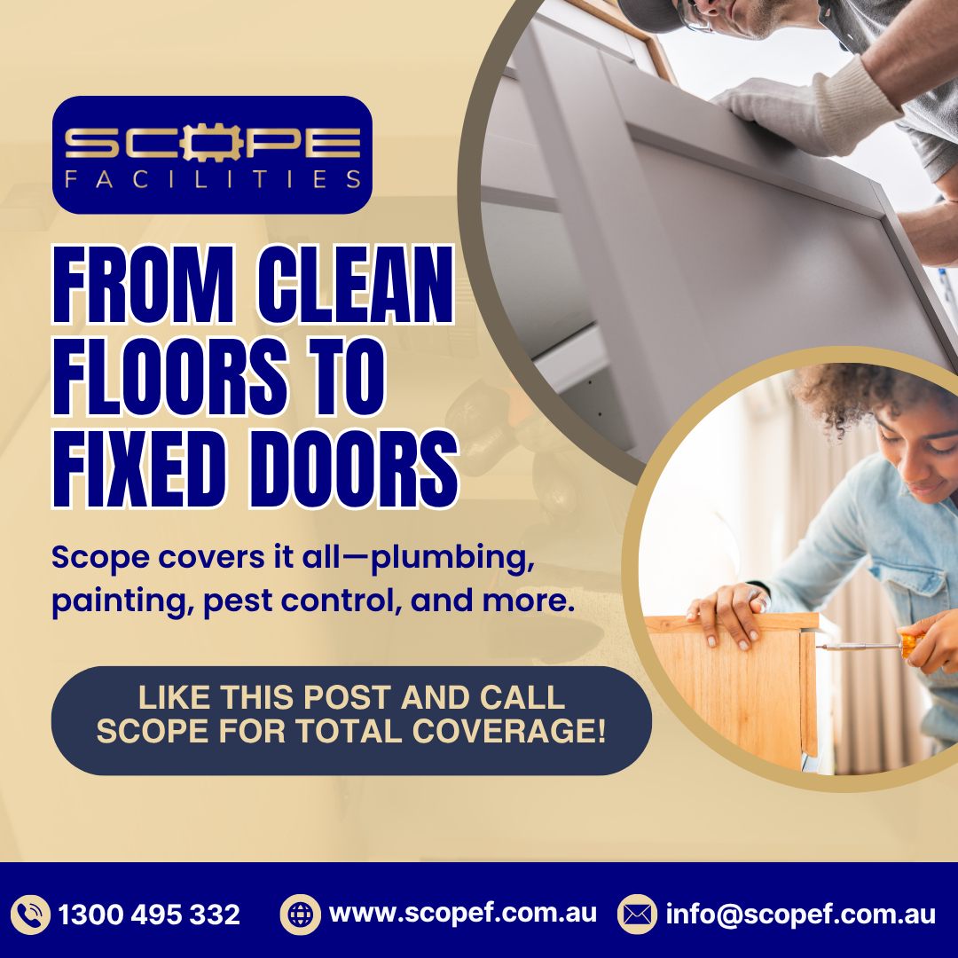 au_scope's tweet photo. From clean floors to fixed doors—Scope covers it all. Fast response, expert teams, and quality results. Contact Scope Facilities now! #FacilityMaintenance #PropertyCare #ScopeFacilities #FastResponse #ExpertService https://t.co/PYc7cZnIGr