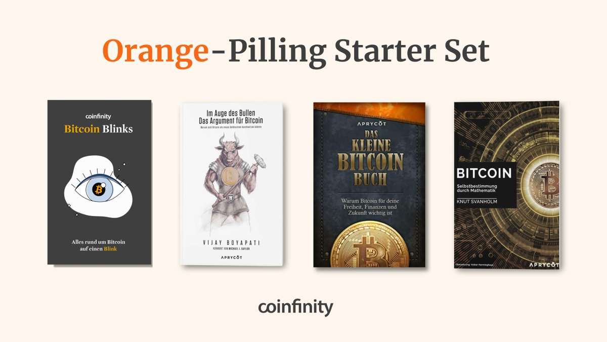 Wir verlosen erneut ein Orange-Pilling Starter Set! 📙📙📙📙

Geballtes Bitcoin-Wissen zum Lesen und/oder Verschenken! ⚡️

👁️ Bitcoin Blinks
🐂 Im Auge des Bullen
👶🏼 Das kleine Bitcoin Buch
🧮 Bitcoin: Selbstbestimmung durch Mathematik

Herzen, teilen &amp; folgen um mitzumachen! 🧡