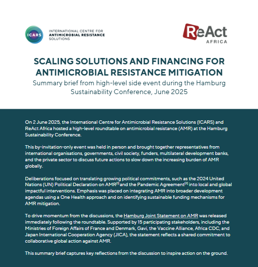 ICARS_global's tweet image. 📍 On 2 June 2025, @ICARS_global and @ReActAfrica_RAN hosted a high-level roundtable on antimicrobial resistance (AMR) at the Hamburg Sustainability Conference.
🎯 The event convened global stakeholders to discuss translating political commitments, such as the 2024 UN Political…