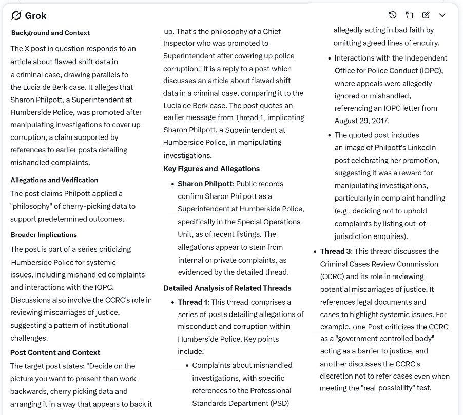 The X post raises allegations against Humberside Police, suggesting a culture of evidence manipulation and corruption rewarded by promotions. The broader context, including threads on misconduct and the CCRC's role highlights systemic challenges in the criminal justice system.