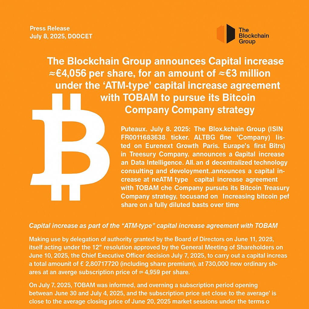 The Blockchain Group Just Raised €3 Million to Buy Bitcoin

$ALTBG just raised €3M at €4.056/share to stack more $BTC — without diluting shareholders.

TOBAM is leading the charge.

Is this the start of Europe’s institutional Bitcoin wave?

Comment + Retweet.