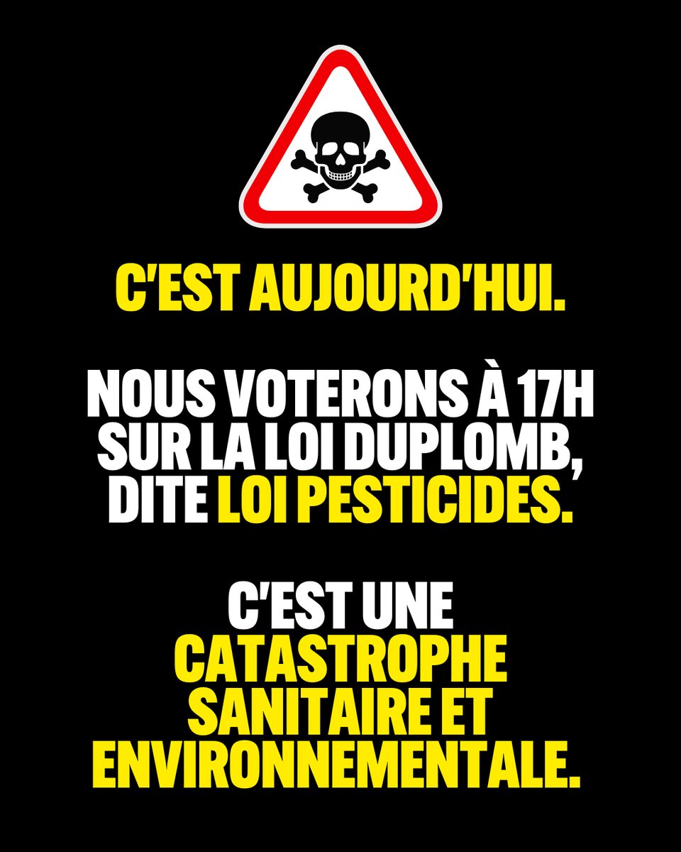 Clemence_Guette's tweet photo. C'est aujourd'hui.

Nous voterons à 17H sur la loi Duplomb, dite loi pesticides.

C'est une catastrophe sanitaire et environnementale. 

Cette loi réintroduit des produits extrêmement dangereux, les néonicotinoïdes tueurs d'abeilles.

Ils avaient été interdits il y a près de 10 ans en France compte tenu de leur dangerosité vis-à-vis de la santé humaine et des polinisateurs.

Le RN, la droite et les macronistes s'apprêtent à voter pour cette bombe sanitaire. Nous avons tout fait pour l'empêcher, mais nous y sommes.

Continuez à mettre la pression. Interpellez vos députés. Alertez autour de vous. Ne laissons pas faire.