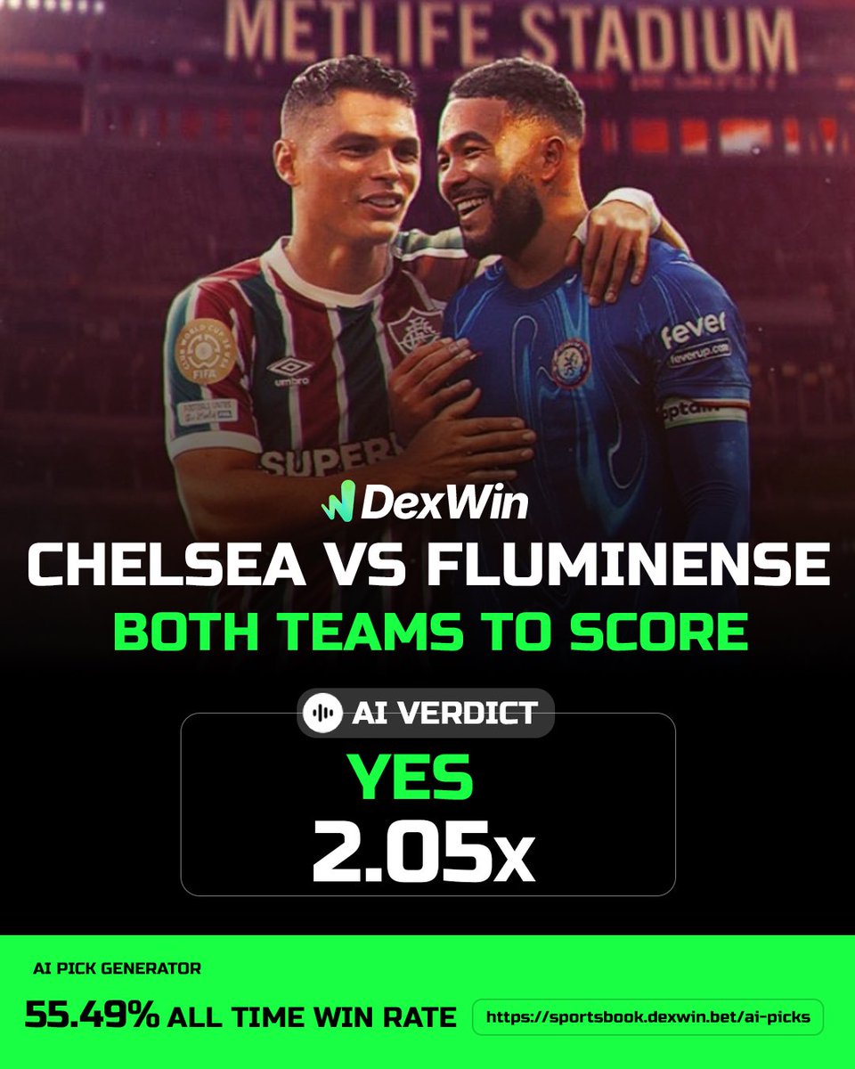 DexWin Crypto Betting (@dexwin_sports) on Twitter photo Chelsea vs Fluminense Odds โฝ๏ธ ๐ | FIFA Club World Cup 2025 - Football Betting Odds Today, Predictions, Betting Lines & Picks by AI
โ
BOTH TEAMS TO SCORE @ 2.05 โ
Follow <a href="/DexWin_Sports/">DexWin Crypto Betting</a> for the best football betting odds, football betting odds today, football betting picks Chelsea vs Fluminense Odds โฝ๏ธ ๐ | FIFA Club World Cup 2025 - Football Betting Odds Today, Predictions, Betting Lines & Picks by AI
โ
BOTH TEAMS TO SCORE @ 2.05 โ
Follow <a href="/DexWin_Sports/">DexWin Crypto Betting</a> for the best football betting odds, football betting odds today, football betting picks