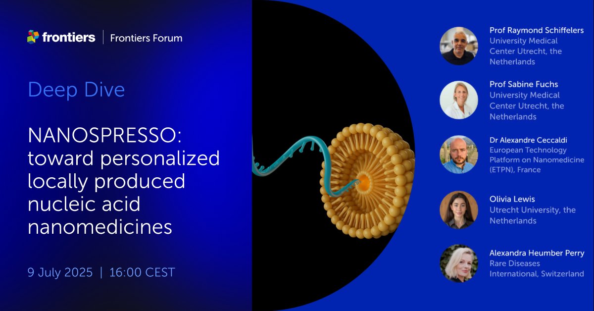FrontScience's tweet image. A new platform that produces nucleic acid nanomedicines to order for individual patient needs—tailored like espresso capsules—could empower hospitals and revolutionize how we make novel therapies.
Hear more at this #FrontiersForum webinar—register now! ➡️ fro.ntiers.in/iH7n