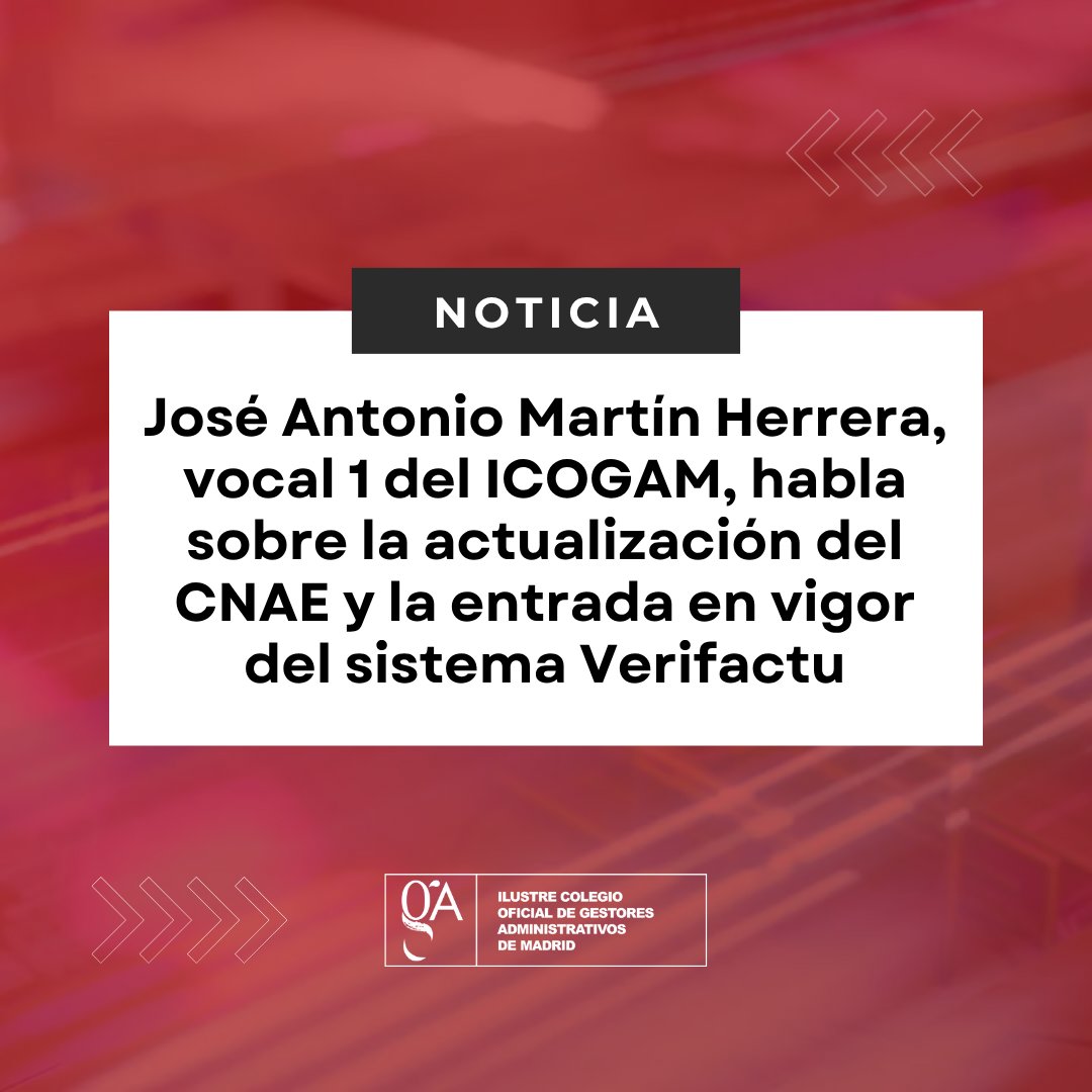 Colegio Gestores Madrid (@colegiogamadrid) on Twitter photo 📌 El experto fiscal José Antonio Martín Herrera, vocal 1 del ICOGAM, habla en <a href="/MadridTrabajaOM/">Madrid Trabaja</a> de dos asuntos que traen de cabeza a muchos autónomos: la actualización del CNAE y la entrada en vigor del sistema Verifactu.
📲 Noticia: telemadrid.es/programas/madr… 📌 El experto fiscal José Antonio Martín Herrera, vocal 1 del ICOGAM, habla en <a href="/MadridTrabajaOM/">Madrid Trabaja</a> de dos asuntos que traen de cabeza a muchos autónomos: la actualización del CNAE y la entrada en vigor del sistema Verifactu.
📲 Noticia: telemadrid.es/programas/madr…