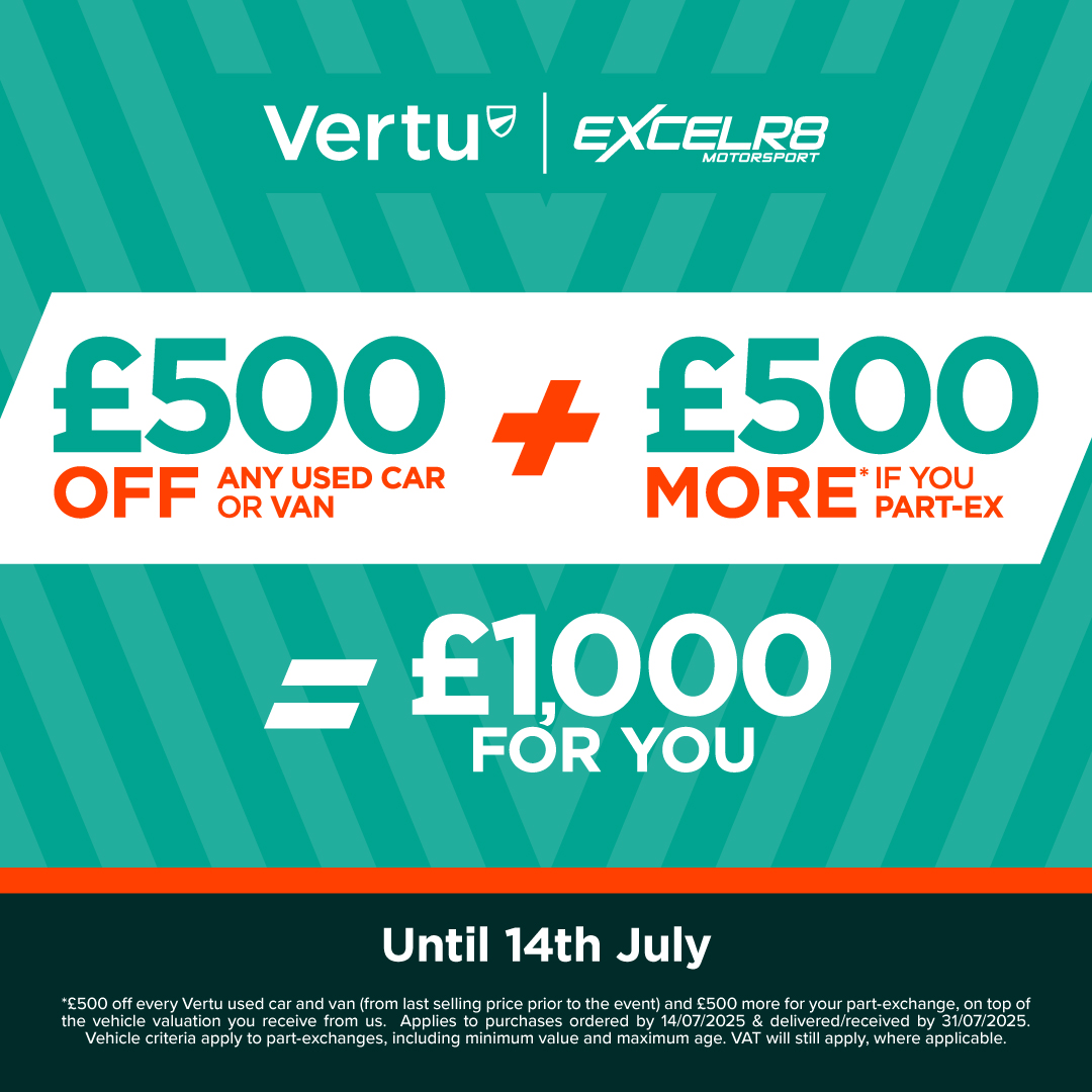Looking for your next car?

Until the 14th July, Vertu are giving you £500 off any used car or van, PLUS £500 more* if you part exchange, available at any Vertu dealership.

Find out more &gt;&gt; vertumotors.com/used-car-event/

#Vertu #UsedCarEvent <a href="/VertuMotors/">Vertu</a>