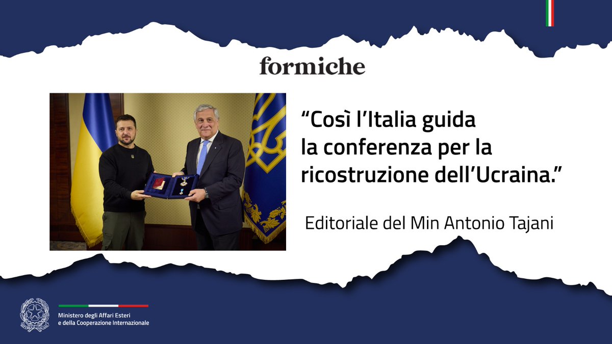 🗣️Sostenere🇺🇦 nella lotta per la libertà: opportunità storica e sforzo giusto per pace, prosperità e crescita a un popolo che ha scelto il suo destino in 🇪🇺. Non mancherà a #Kyiv il sostegno🇮🇹 

Leggi l'editoriale del Min <a href="/Antonio_Tajani/">Antonio Tajani</a> su <a href="/formichenews/">Formiche</a>👇
esteri.it/it/sala_stampa…