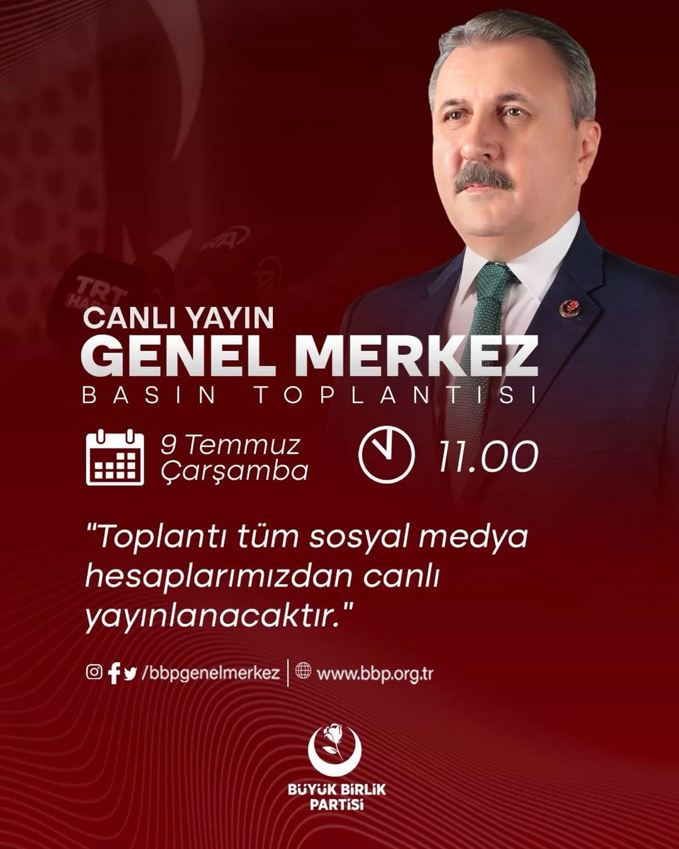 Genel Başkanımız Sayın Mustafa Destici, 9 Temmuz Çarşamba günü saat 11:00’de, genel merkezimizde düzenleyeceği basın toplantısında ülke ve dünya gündemini değerlendirecektir.

🗓9 Temmuz Çarşamba
⏰11:00
📍Parti Genel Merkezi

#BirliğinveKardeşliğinKalesi 🇹🇷