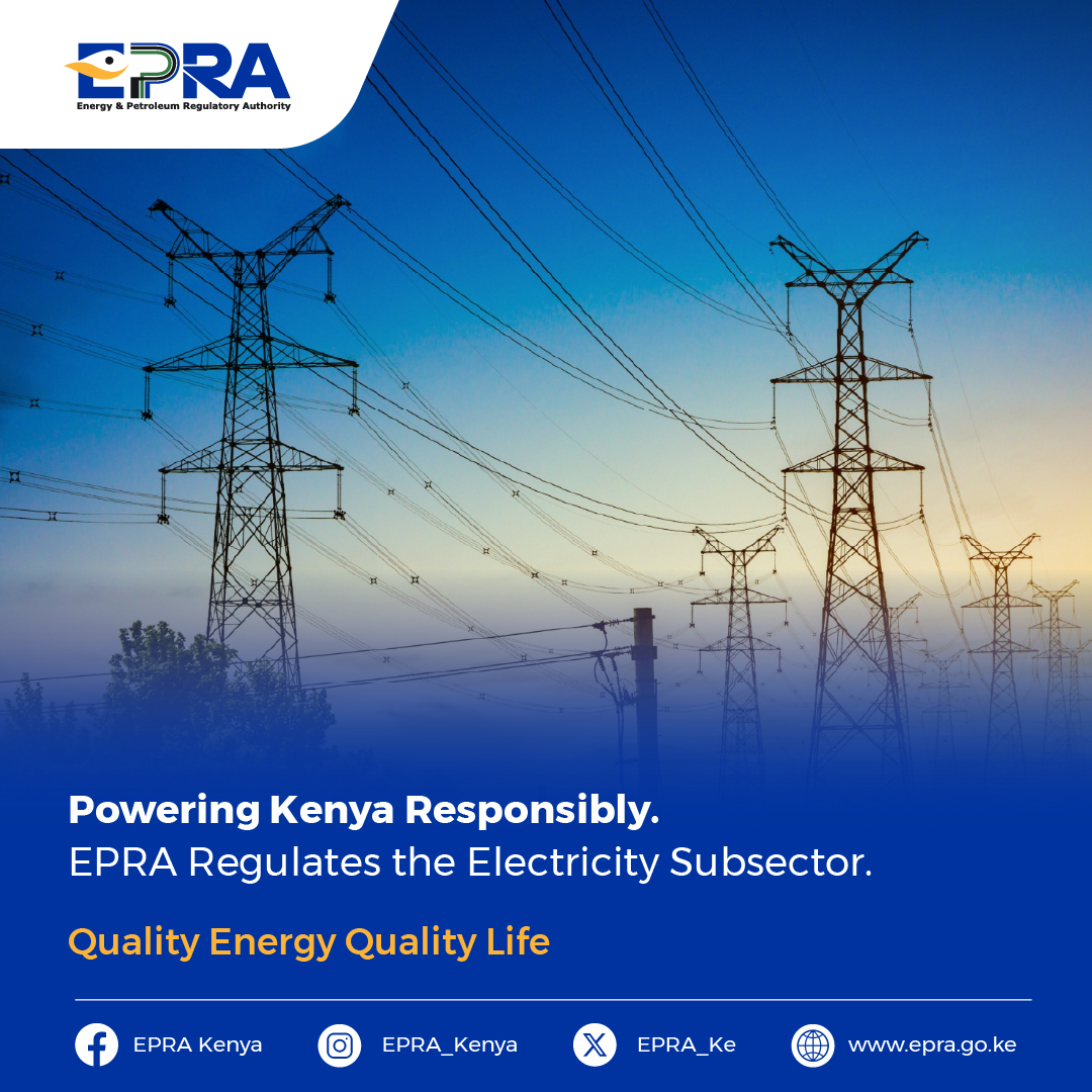 EPRA regulates the economic and technical operations of Kenya’s electric power sub-sector. From tariff reviews to infrastructure licensing, our oversight ensures Kenyans receive reliable, affordable, and safe electricity.
Learn more about our role here: epra.go.ke/electricity
