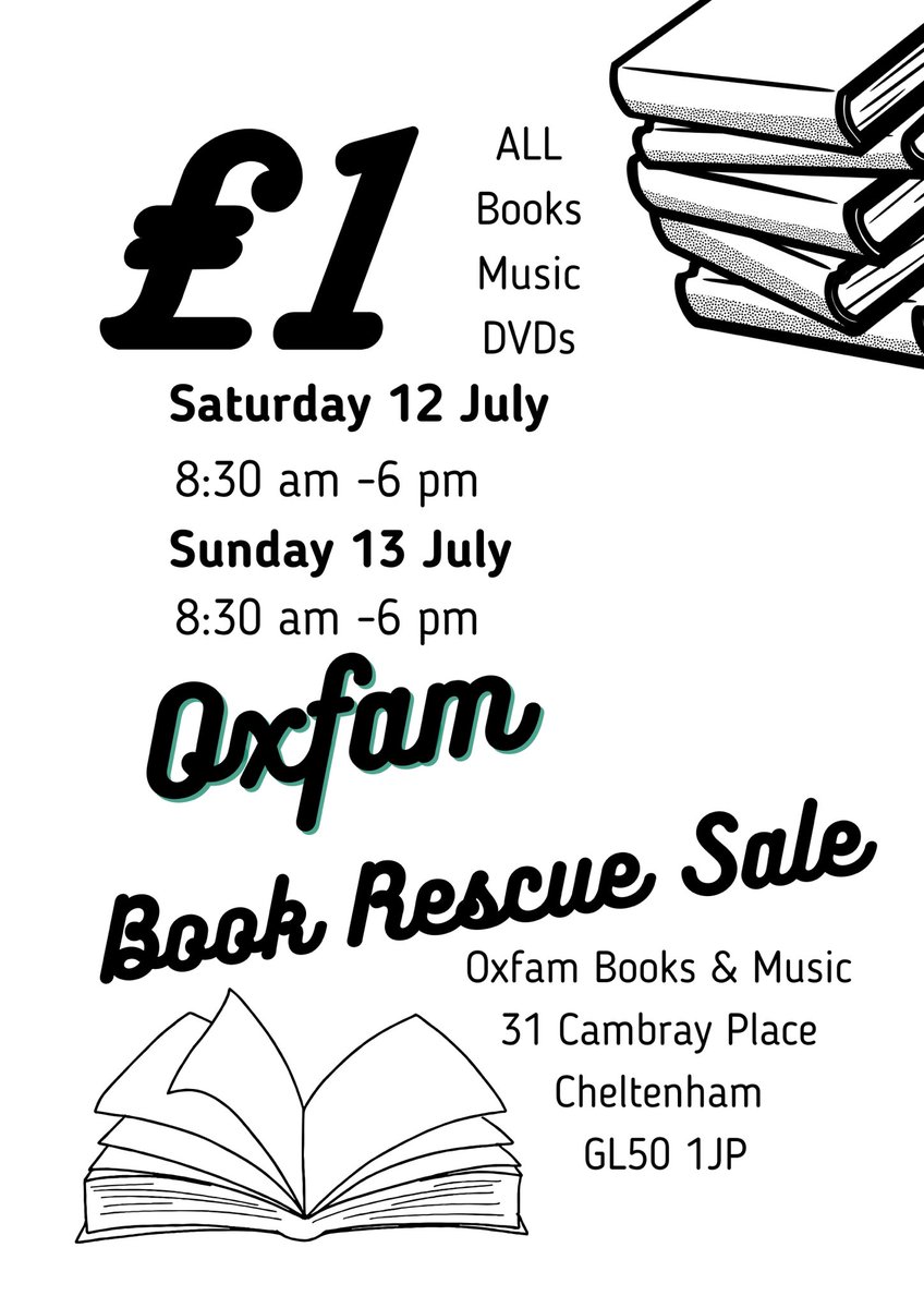 This weekend! If you are anywhere near Cheltenham you really should check out the amazing book sale at the lovely Oxfam Cheltenham. 
It’s become an annual fixture for so many book lovers. 
Don’t miss out! #books #booktwt #booklover