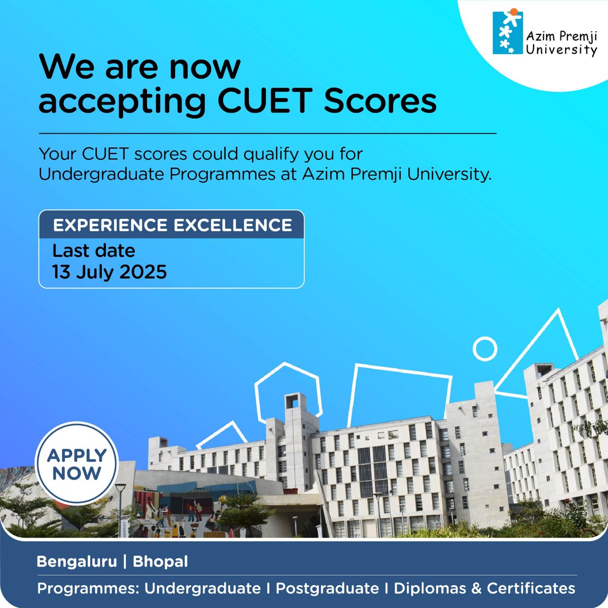 We are now accepting CUET-UG scores for our undergraduate programmes. 
Last date to apply: 13 July 2025
Don’t miss your chance to study at Azim Premji University.
Apply now: azimpremjiuniversity.edu.in/undergraduate