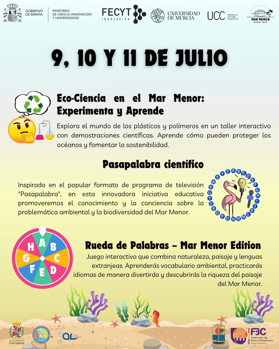 UMUdivulga's tweet photo. 🚐 El #MarMenorRoadTrip llega a Cartagena del 9 al 11 de julio 🌊🐚

📍Playa de los Urrutias, Los Nietos y Playa Honda
💡Rutas, ciencia, juegos, paddle surf y pesca GRATIS para toda la familia

Consulta la programación👇
https://t.co/gkDPwQSOzR

@UMU @FECYT_Ciencia @CienciaGob https://t.co/bXKRLUN7ZL