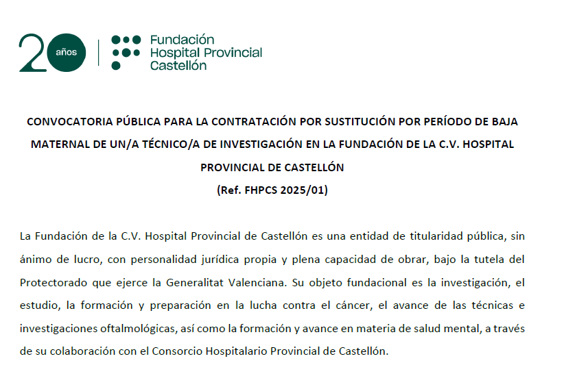 Red Valenciana de Biobancos (@rvbiobancos) on Twitter photo 🔬¡Nueva oportunidad laboral!
La Fundación del Hospital Provincial de Castellón abre #Convocatoria de sustitución para un/a TÉCNICO/A DE INVESTIGACIÓN en gestión de biobancos
📍Castellón
📅Plazo: del 8 al 17 de julio 2025
🔗fundacionhospitalprovincial.es/wp-content/upl…
<a href="/chpcastellon/">Hospital Provincial de Castelló</a> #empleo 🔬¡Nueva oportunidad laboral!
La Fundación del Hospital Provincial de Castellón abre #Convocatoria de sustitución para un/a TÉCNICO/A DE INVESTIGACIÓN en gestión de biobancos
📍Castellón
📅Plazo: del 8 al 17 de julio 2025
🔗fundacionhospitalprovincial.es/wp-content/upl…
<a href="/chpcastellon/">Hospital Provincial de Castelló</a> #empleo