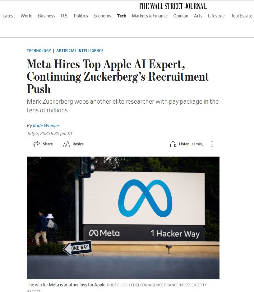 aigimmick1's tweet photo. Meta just poached another top AI expert from Apple—this time with a pay package in the tens of millions.
Zuckerberg’s AI talent war is in full swing.
🔗 via @WSJ
#AI #Meta #Apple #TechNews #ArtificialIntelligence #Zuckerberg https://t.co/enj6gPCeKc