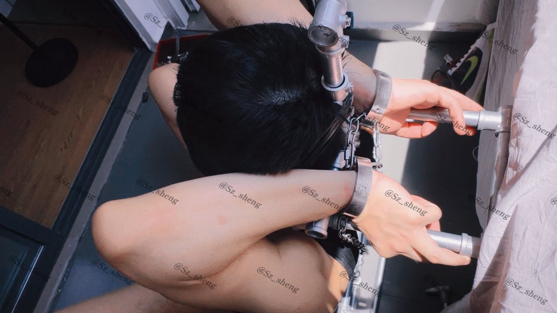 双腿打开用铐子固定
双手拷在脑后的铁架上
扒掉裤子
强行展览性器官