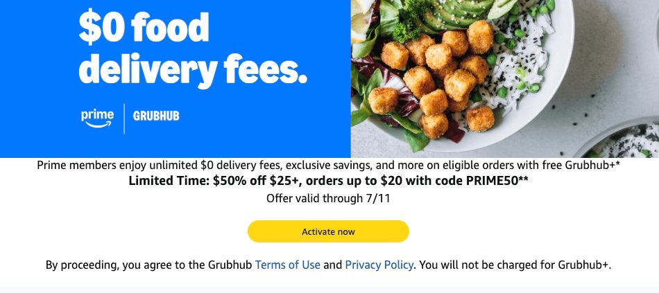 USCCStrategy's tweet image. #ad #Amazon #Grubhub: Limited Time $50% off $25+, orders up to $20 with code PRIME50, Offer valid through 7/11 
amazon.com/prime/offer/gr…