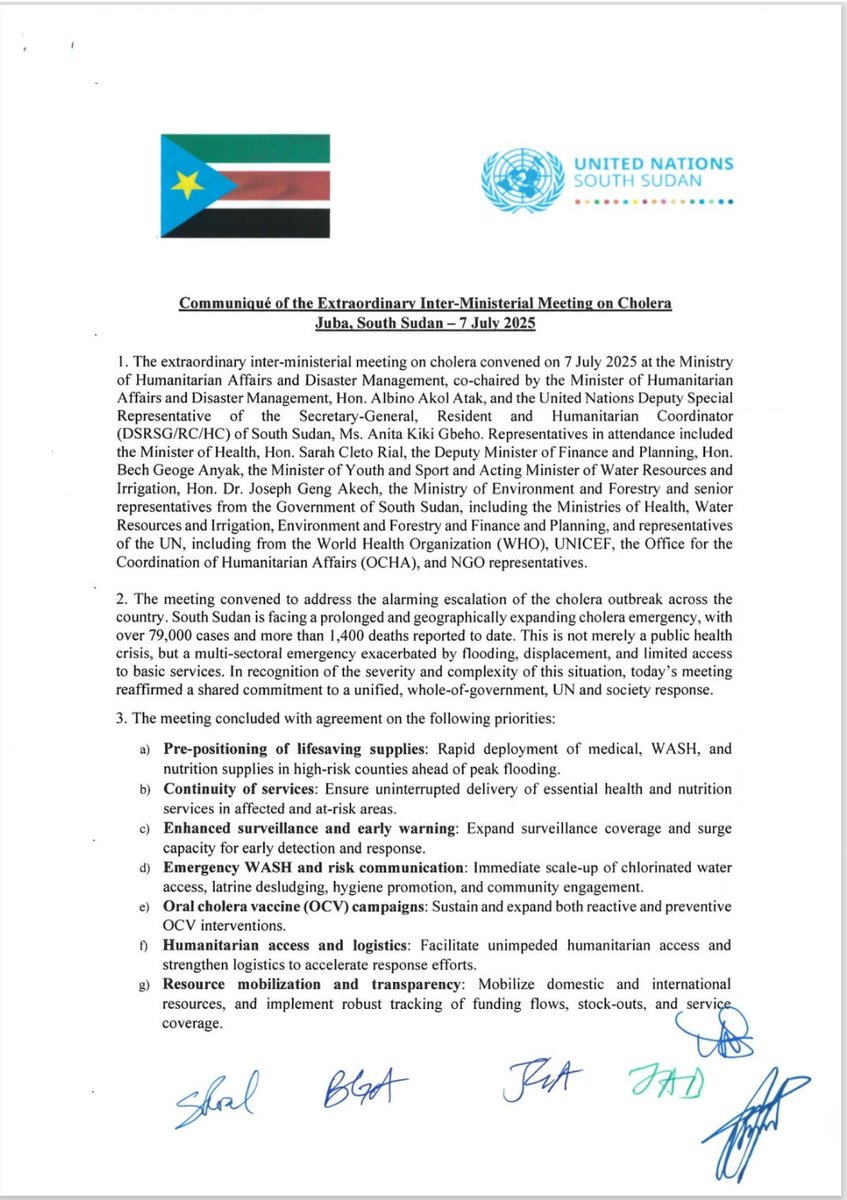 karamagih's tweet image. 79,000 cases, 1,400 deaths & counting...
The prolonged and geographically expanding #Cholera outbreak across #SouthSudan has become a multi-sectoral emergency.
The extraordinary inter ministerial meeting, which convened on 7July2025, prioritized a set of crucial actions.