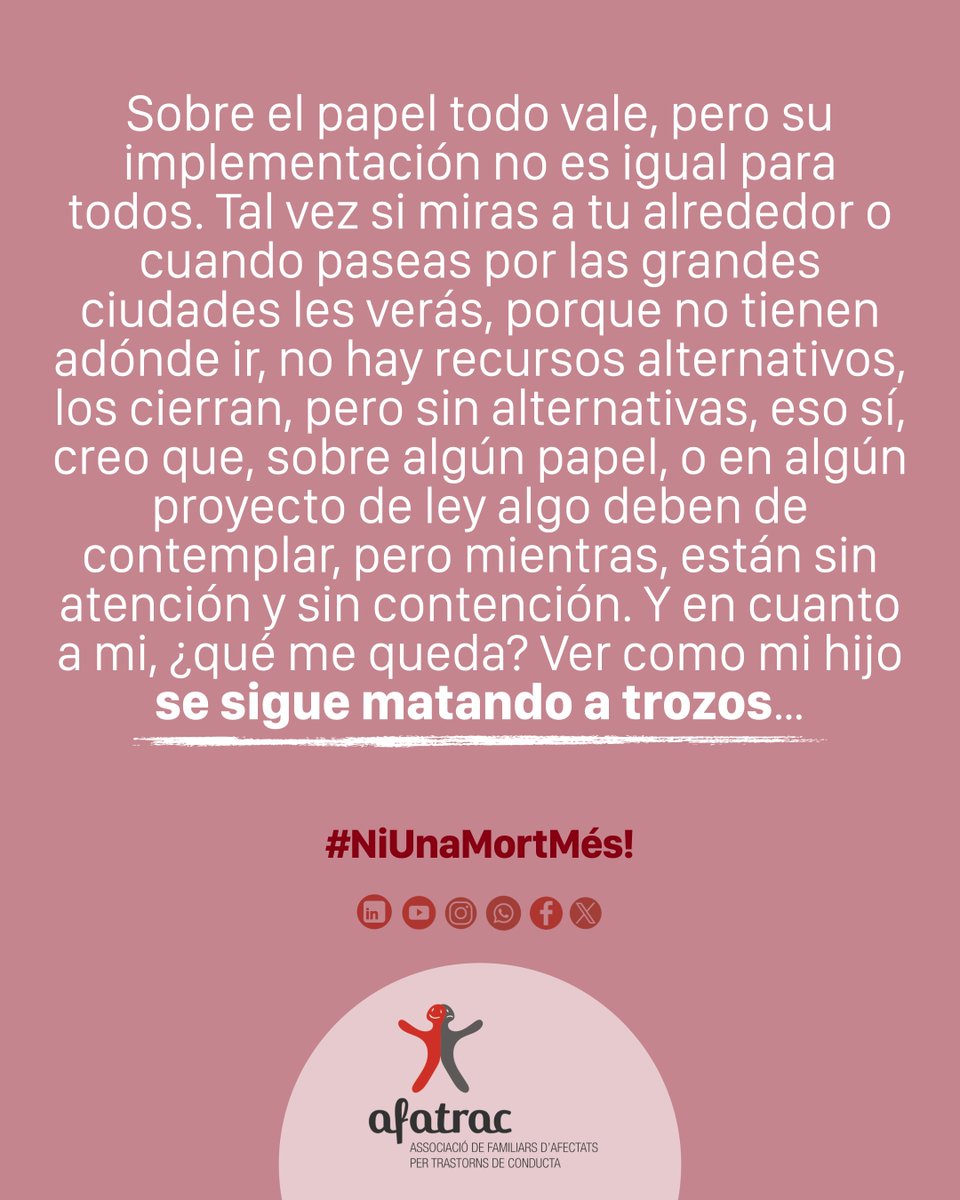 afatrac's tweet image. 📣 "Mi hijo se está matando a trozos"
🚷 No poden ser ingressats, no hi ha recursos per contenir-los.
😔 Una mare explica el dolor de veure com el seu fill es destrueix.
👉 Llegeix la carta sencera a: shorturl.at/1ioNl
#SalutMental #AltaComplexitat #DretsHumans