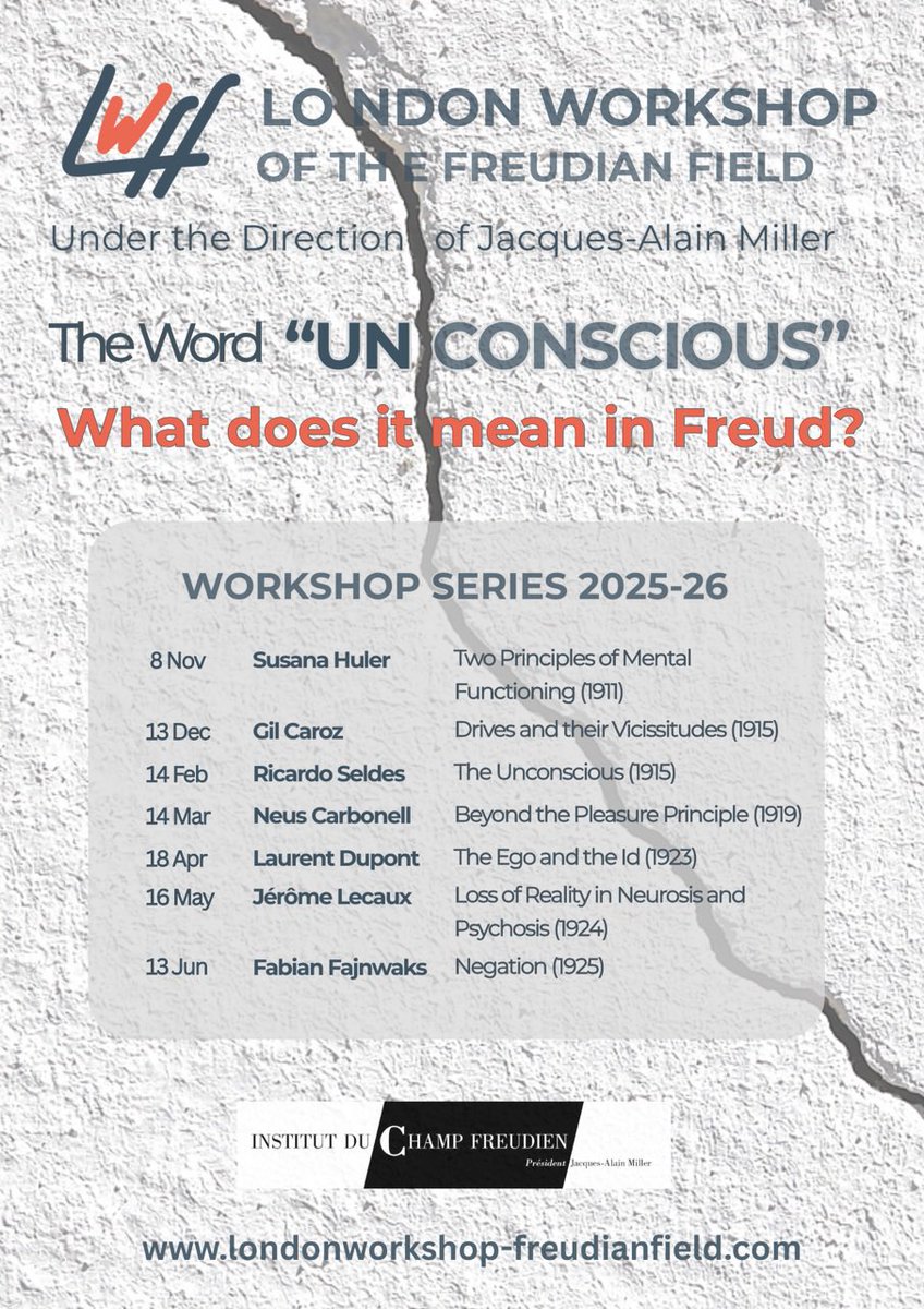 📍𝐓𝐡𝐞 𝟐𝟎𝟐𝟓-𝟐𝟎𝟐𝟔 𝐩𝐫𝐨𝐠𝐫𝐚𝐦𝐦𝐞 𝐨𝐟 𝐭𝐡𝐞 𝐋𝐨𝐧𝐝𝐨𝐧 𝐖𝐨𝐫𝐤𝐬𝐡𝐨𝐩 𝐨𝐟 𝐭𝐡𝐞 𝐅𝐫𝐞𝐮𝐝𝐢𝐚𝐧 𝐅𝐢𝐞𝐥𝐝

In person and online
More information soon! 

#psychoanalysis #Freud #Lacan #FreudianField #FreudianFieldUK