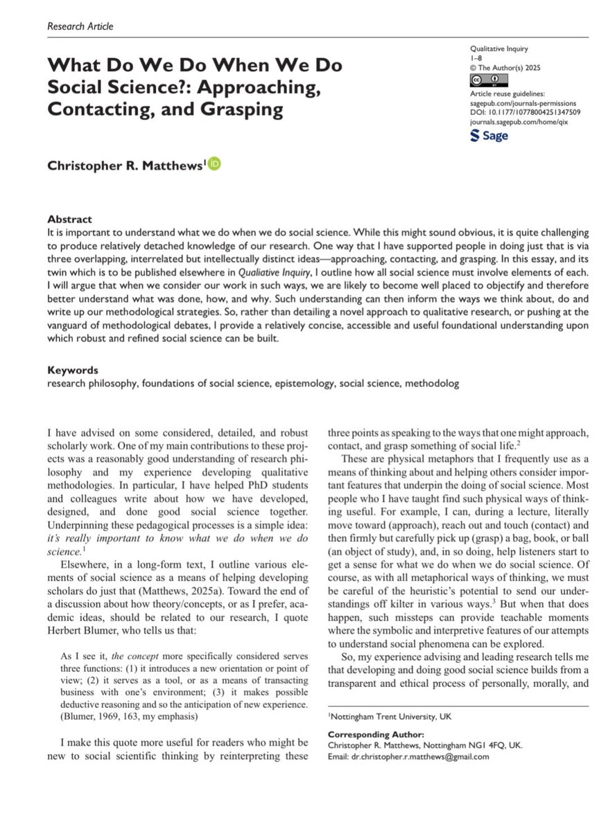 New one - the 2nd of 3 that mark out some very clear foundational issues in qualitative social science. These will be really useful for PhD scholars &amp; early career researchers who are finding their feet. Please do share, comment &amp; ask questions 🫡 journals.sagepub.com/doi/10.1177/10…