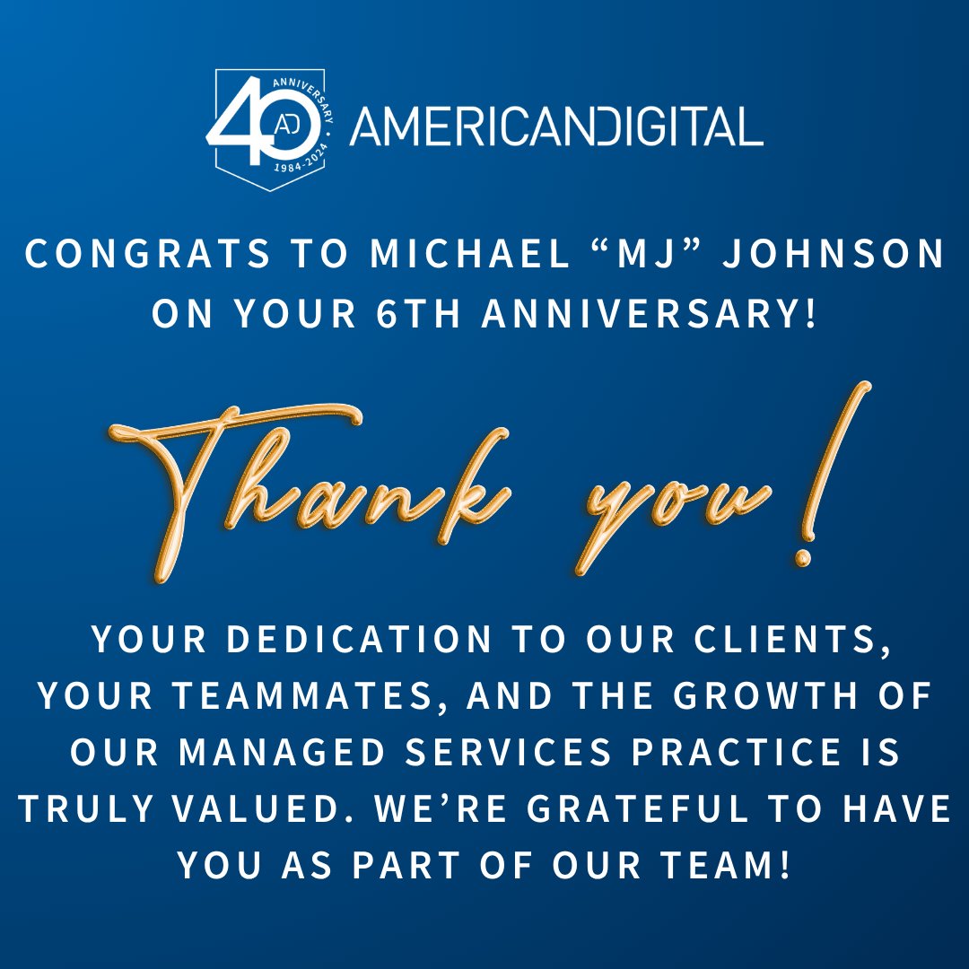 Congratulations to Michael Johnson on your sixth anniversary with American Digital Corporation!  Thank you for being such an amazing part of our team!