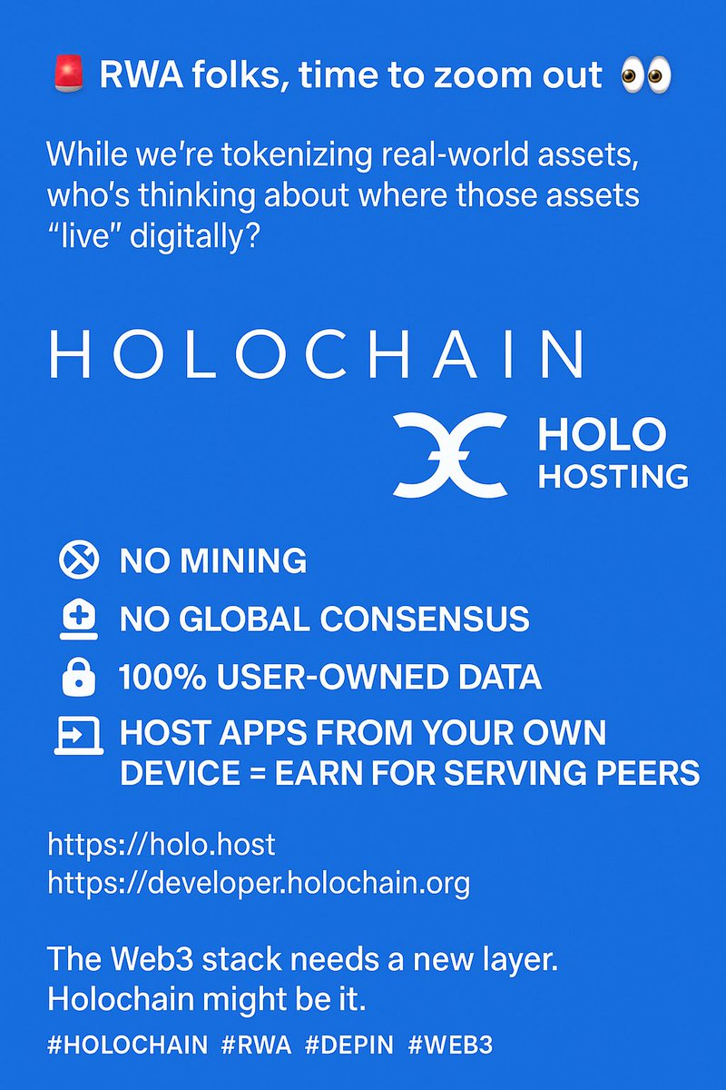 RWA folks, time to zoom out 👀

While we’re tokenizing real-world assets, who’s thinking about where those assets live digitally?

Enter Holochain &amp; Holo Hosting — a peer-to-peer post-blockchain framework.

🛠️ No mining
🌍 No global consensus
🔐 100% user-owned data
💻 Host apps