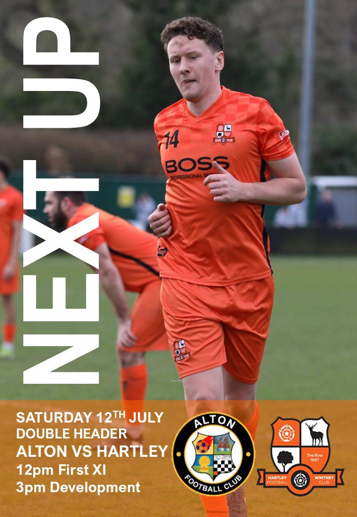 Who wants  some football then……thought so😉

Pre season action coming up this Saturday and it’s buy one get one free with a double header!

12 noon
<a href="/alton_fc/">Alton FC</a> vs <a href="/HartleyFC/">Hartley Wintney FC</a> 
Admission £2

3pm
Alton U23’s  vs <a href="/HWFC_Devs/">Hartley Wintney -Development Team</a> 
Admission FOC!

📍GU34 2NB

#UTR🧡