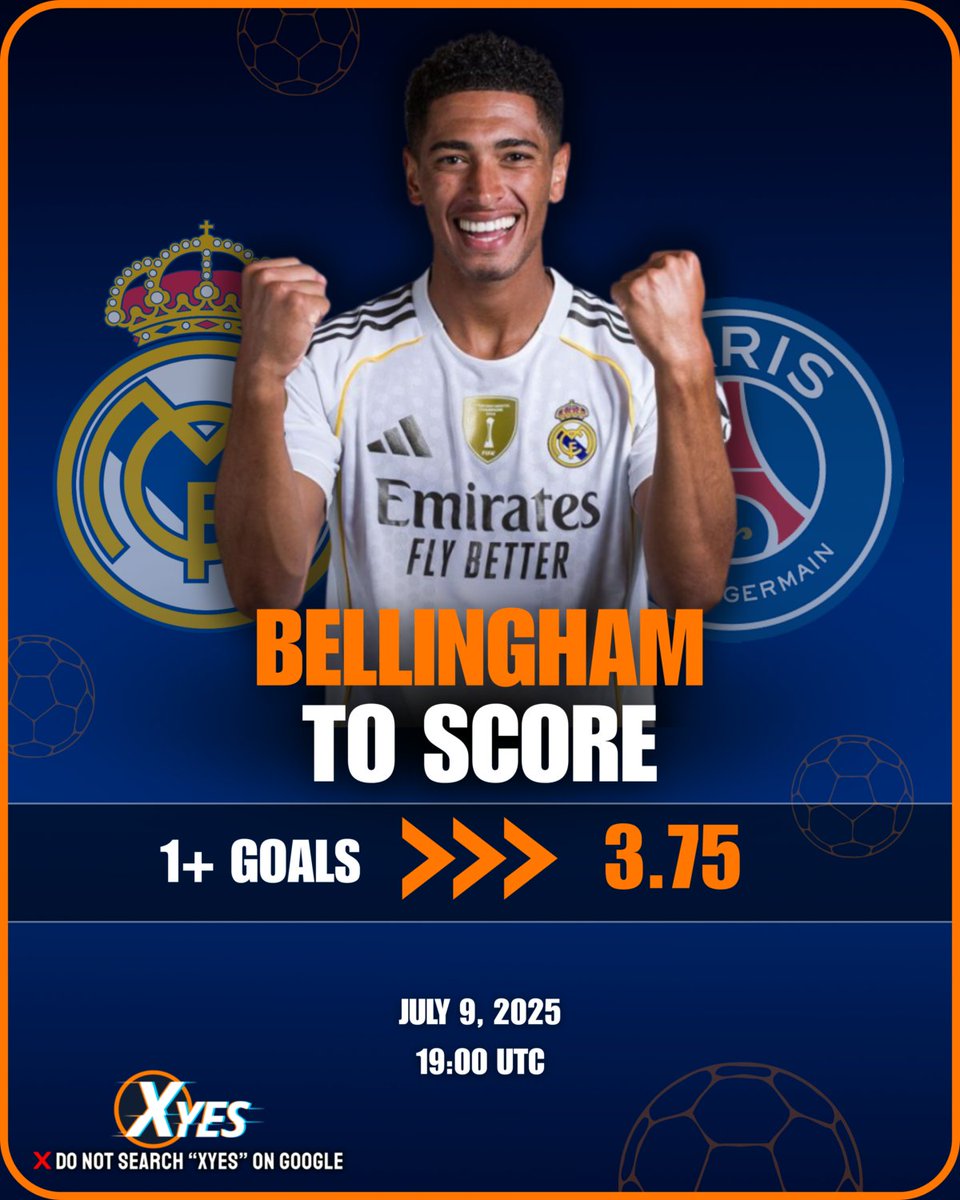 Xyes_com's tweet photo. ⚽ Player Prop Pick: Jude Bellingham to Score 1+ Goals vs PSG!
The midfield maestro is on fire — can he find the net this time? 🔥⚽
📈 Odds: 3.75 — Big value for a big moment!
Lock in your pick now at 👉 https://t.co/puSV0gKVQX
#BellinghamProp #PlayerBets #XyesFootball #GoalScorerChallenge