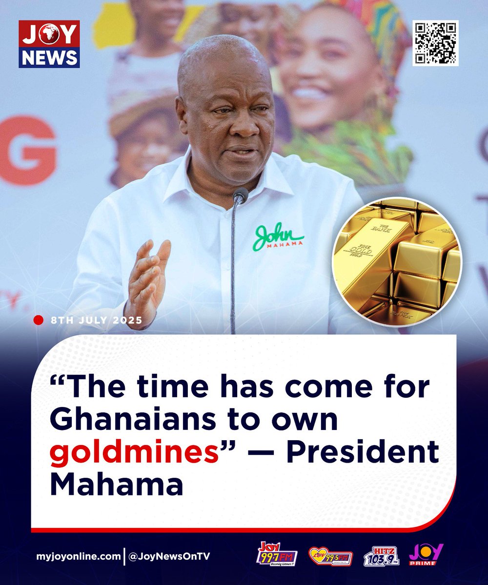President John Dramani Mahama says it is time for Ghanaians to own goldmines. 

He made this remark at the inauguration of the GoldBod Taskforce.

#JoyNews