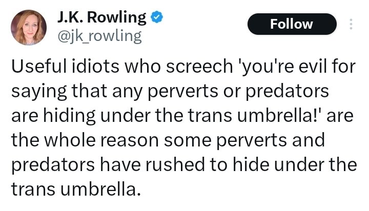 BadWritingTakes's tweet photo. Exaggerated cartoon bigot made flesh JK Rowling claims that predators can "hide" as one of the most oppressed minority groups on planet earth.

Which is a truly wild thing to claim when you were recently instructing your followers on photographing women going to the toilet... https://t.co/YCw14P8KCQ