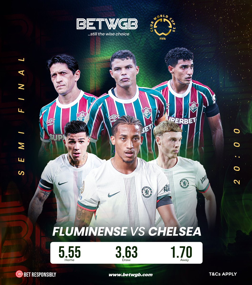Betwgb's tweet photo. ⚔️SEMI-FINAL CLASH LOADING!⚔️

It’s Fluminense vs Chelsea in a battle for the FINAL

Brazilians to shock the Blues or Chelsea to cruise?

https://t.co/QeDUvv3Sgo

#BETWGB #FluminenseVsChelsea #ClubWorldCup #SemiFinalShowdown #ChelseaFC #Fluminense #FootballBetting #PredictAndWin https://t.co/uFuUxE1oYR