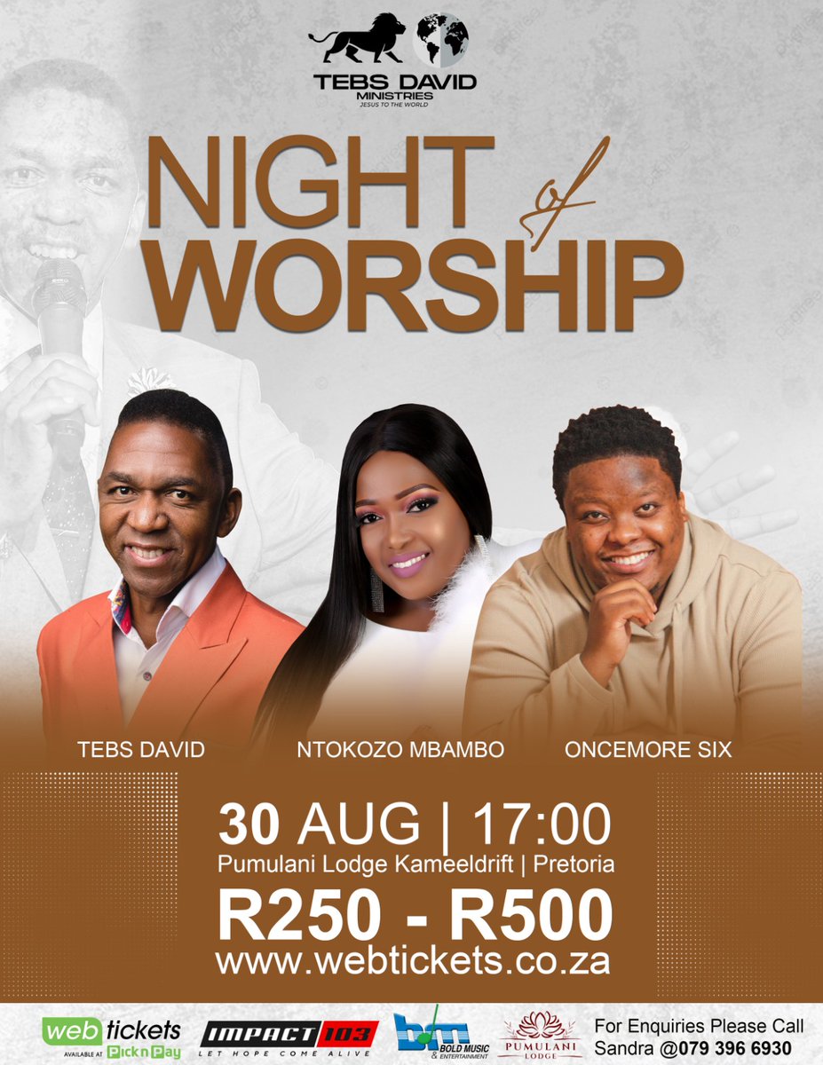 Join us for NOW "Night of Worship" 🙌🏽🔥 on Sat, 30th of August 2025, for a  spirit-filled encounter in the presence of the Lord with <a href="/TebsDavid/">Tebs David</a> , @1ncemore6, and <a href="/NtokozoMbambo/">Ntokozo Mba(mbo-tha)</a> .
Get your tickets on webtickets.co.za/v2/event.aspx?…
#NOW #worshipnight #tebsdavid #ntokozombambo #oncemoresix