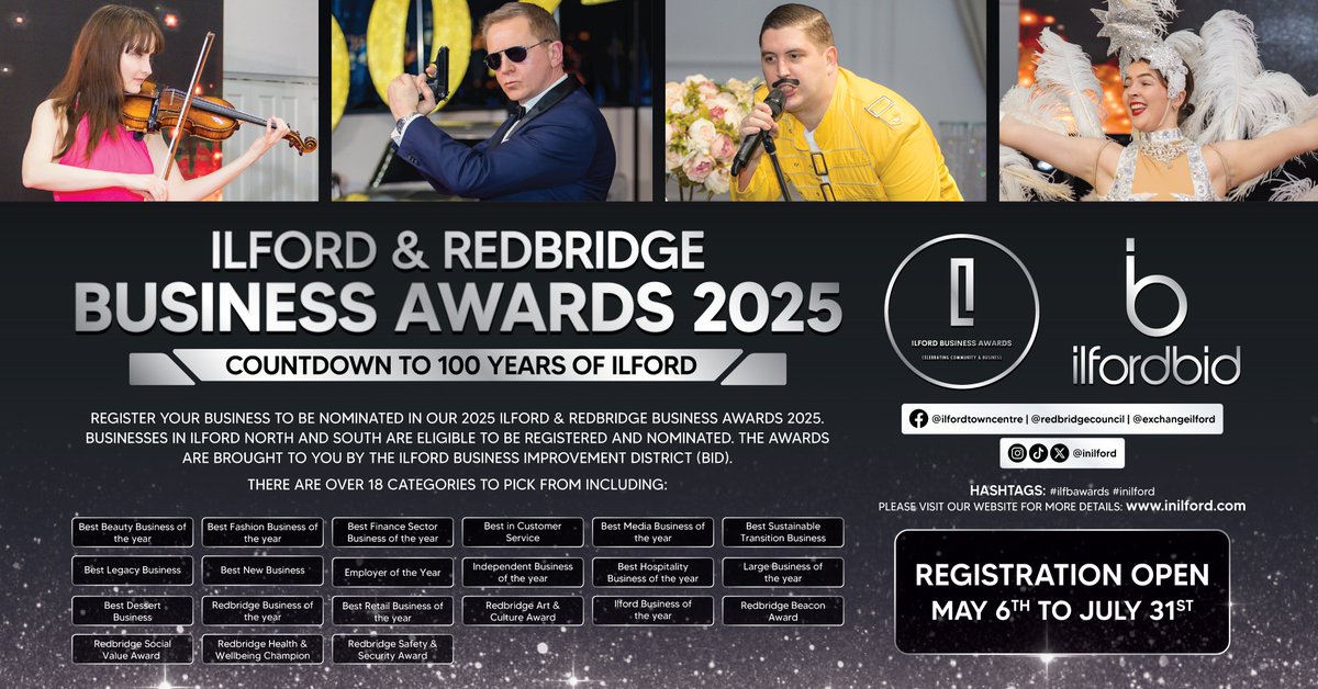 Redbridge businesses – don’t miss this! 🎉
Register now for the Ilford &amp; Redbridge Business Awards 2025, part of Ilford’s 100-year celebration.
📝 Free to enter | 🗓️ Deadline: 31st July
👉 inilford.com/competitions/i…